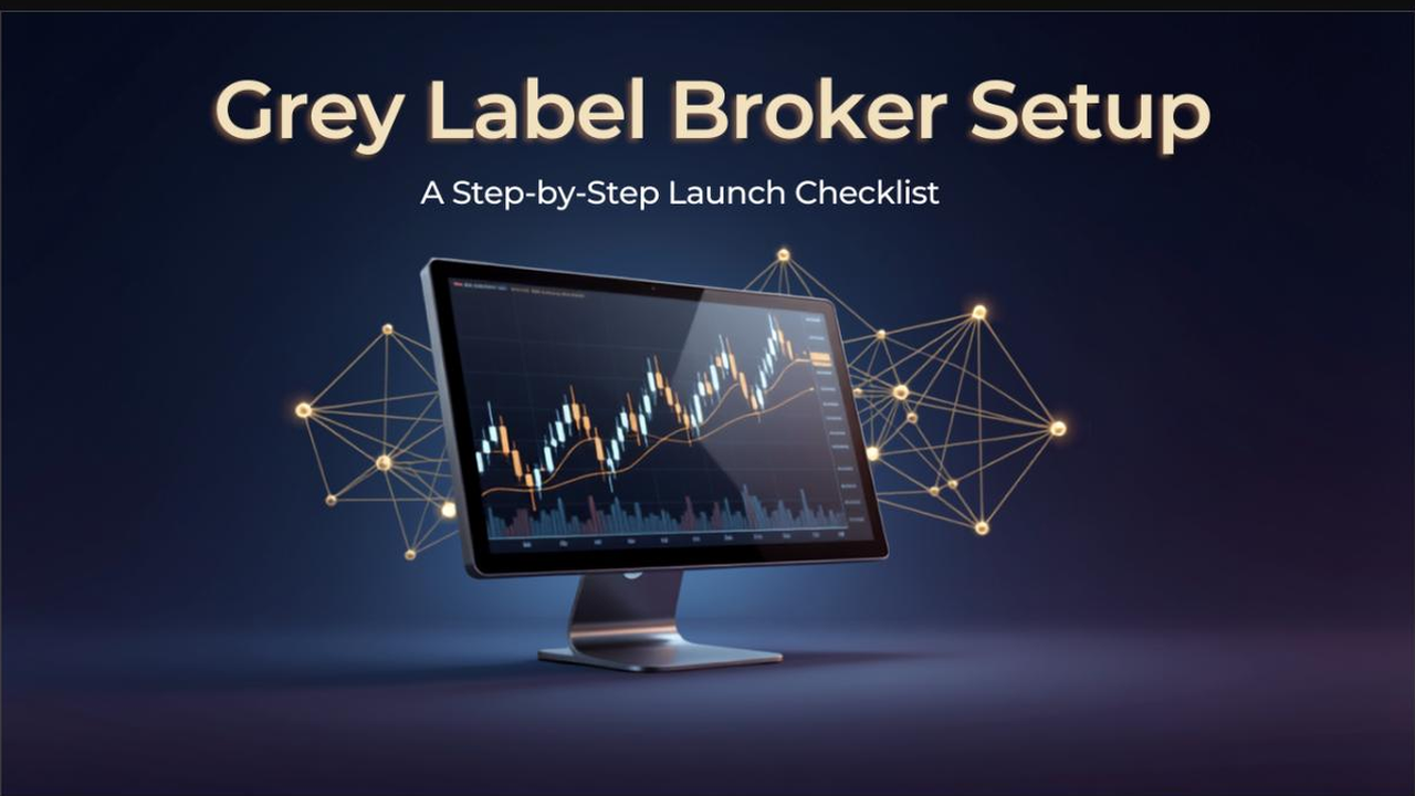 Gold 3D wireframe network beside a dark trading terminal illustrating Grey Label forex broker setup