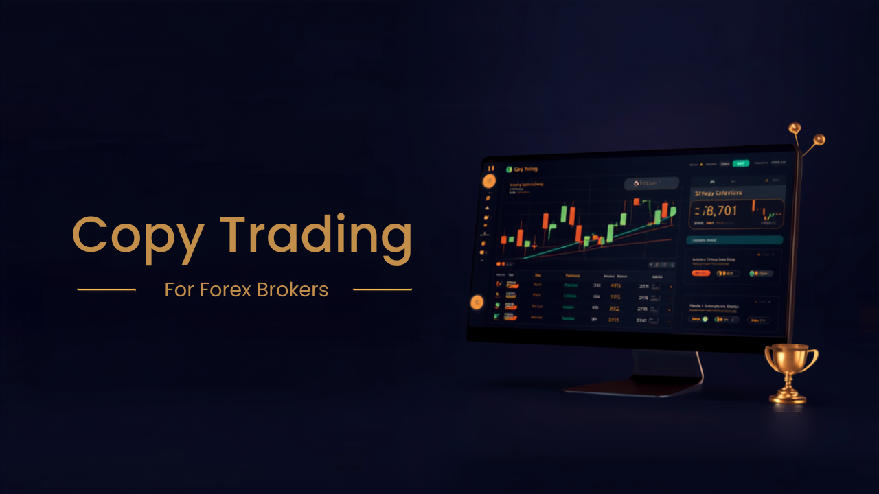 Dark navy and gold hero graphic for a copy trading forex broker guide with dashboard mockup