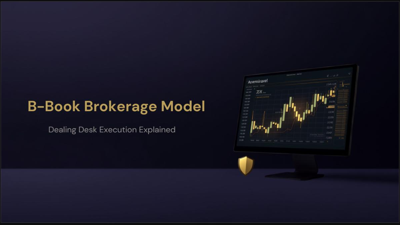 Dark navy and gold hero graphic for a B-Book brokerage model guide with trading dashboard mockup