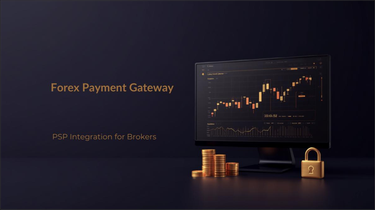 Dark navy fintech hero graphic for a Forex Payment Gateway and PSP integration guide for brokers