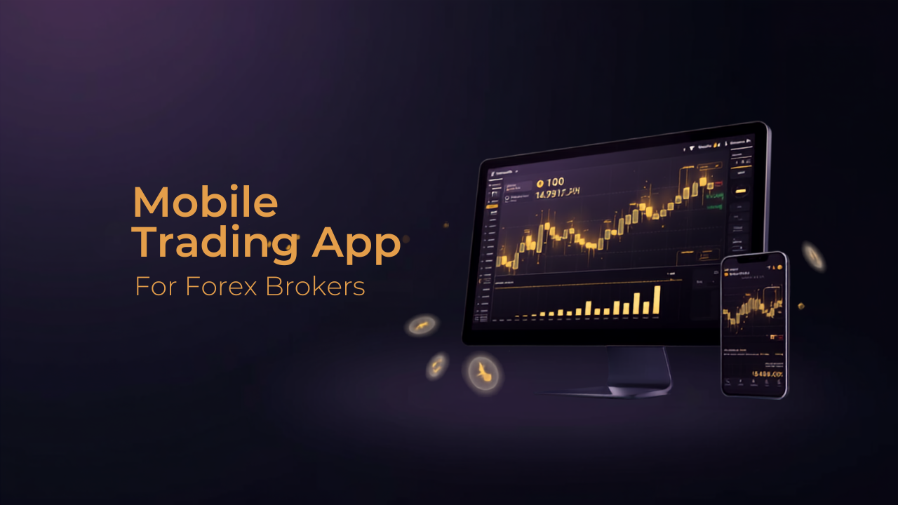 Broker using a white-label mobile trading app on a smartphone with a dark navy and gold dashboard interface
