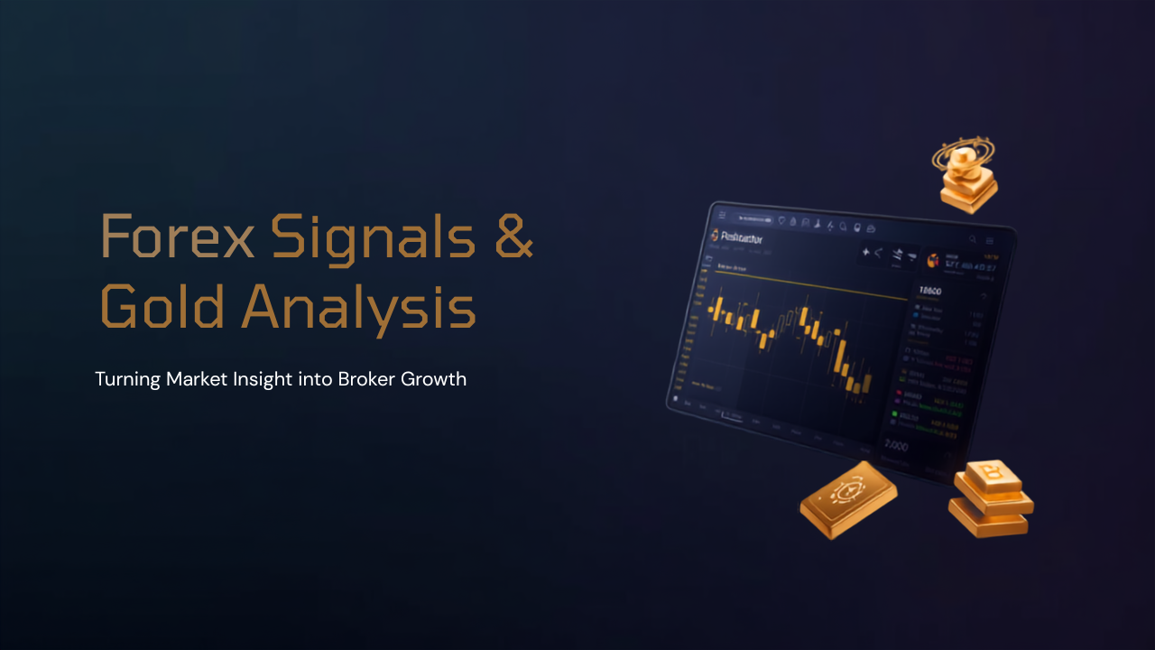 Dark navy and gold hero graphic for forex trading signals and gold analysis blog post