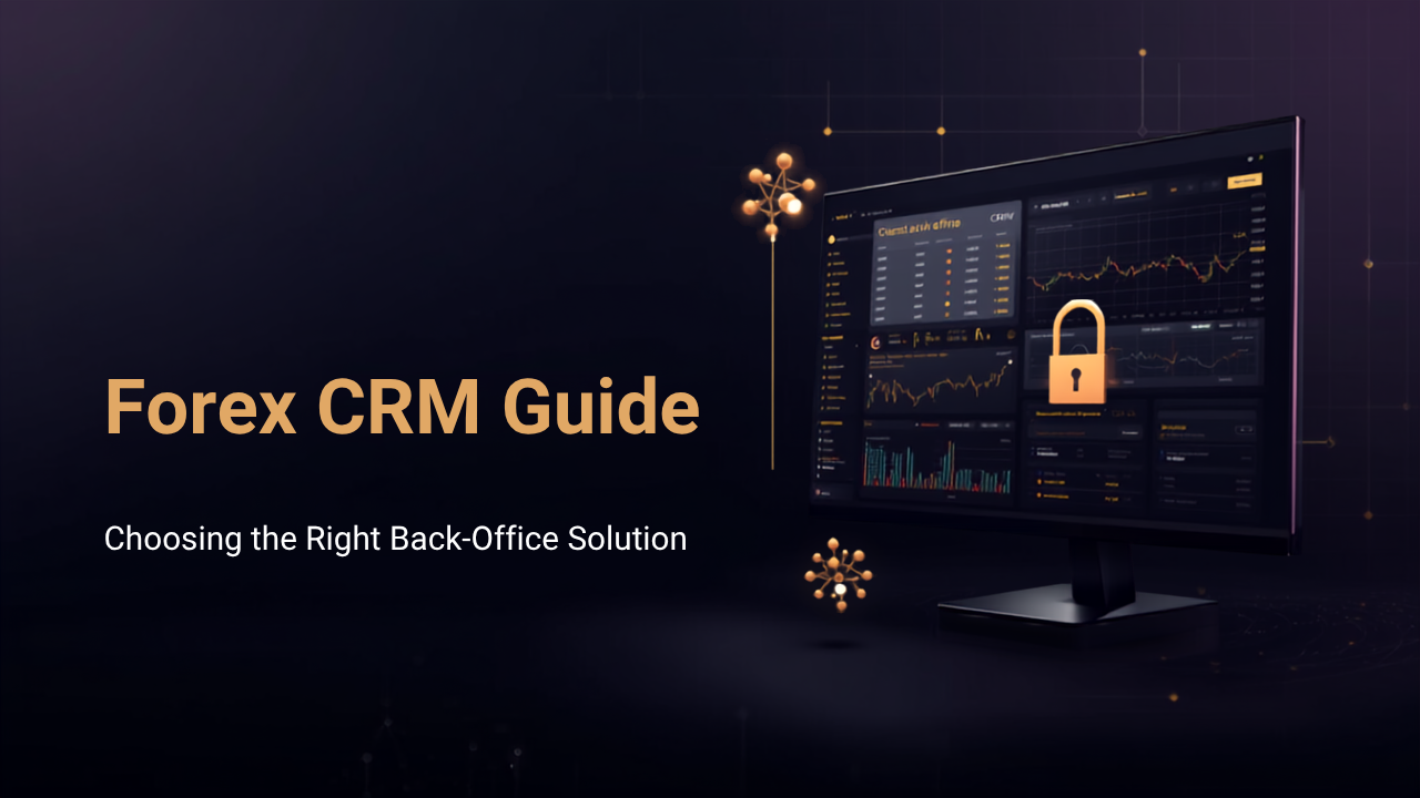 Forex CRM Solution dashboard illustration in dark navy and gold