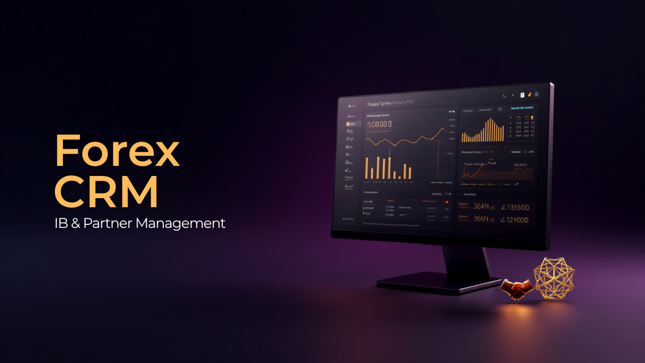 Forex CRM partner and IB management dashboard concept in dark navy and gold