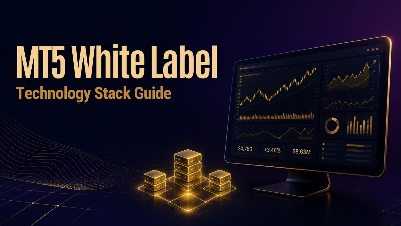 Dark navy and gold MT5 White Label technology stack dashboard illustration
