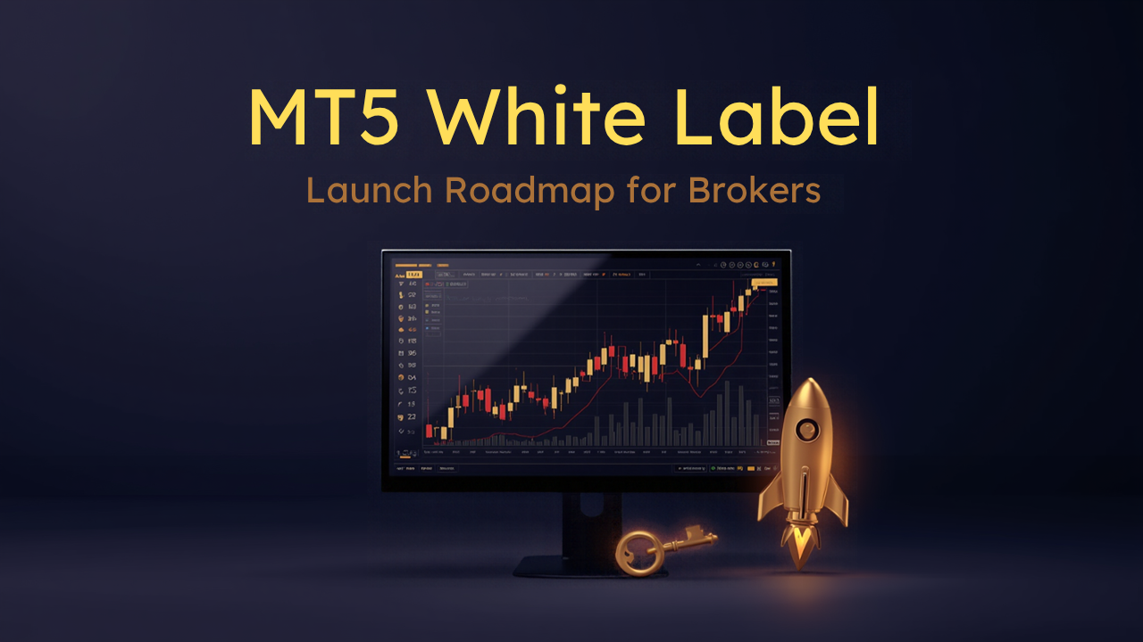 MT5 White Label launch roadmap hero image with trading dashboard on dark navy and gold background