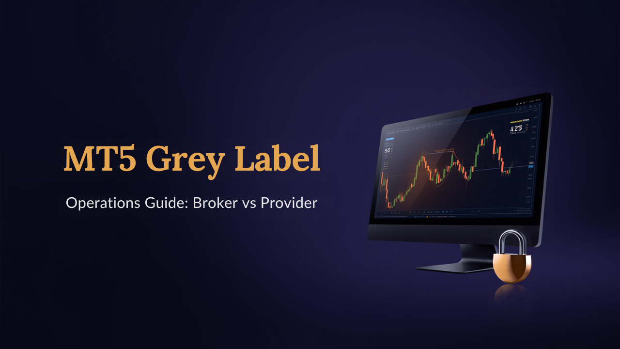 MT5 Grey Label operations guide with trading dashboard and gold lock icon